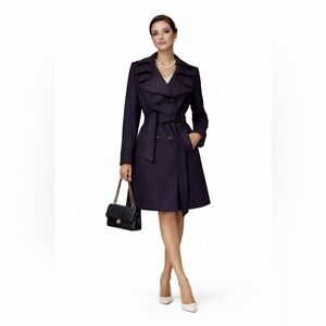 Anne Klein Double-Breasted Eggplant Purple Wool Blend Coat w/ Belted Waist- Sz M